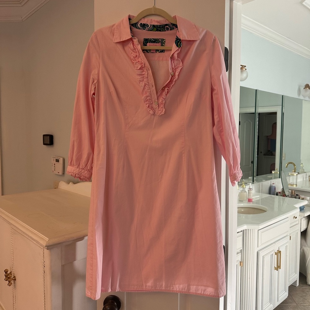 Lilly Pulitzer Shirtdress with ruffle accents. Pink Ruffle Collar Dress 6